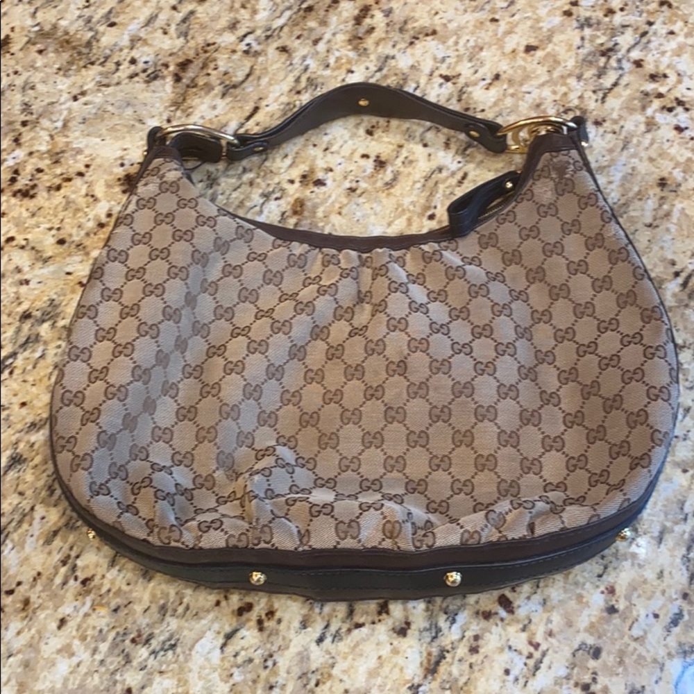 Gucci Canvas Pleated Leather Trim Shoulder Bag